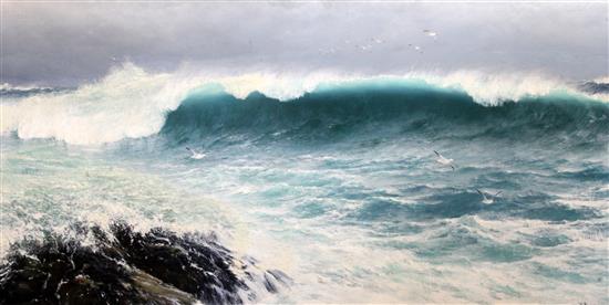 David James (1853-1904) A North Easter on a ground sea, Cornish coast 25 x 50in.
